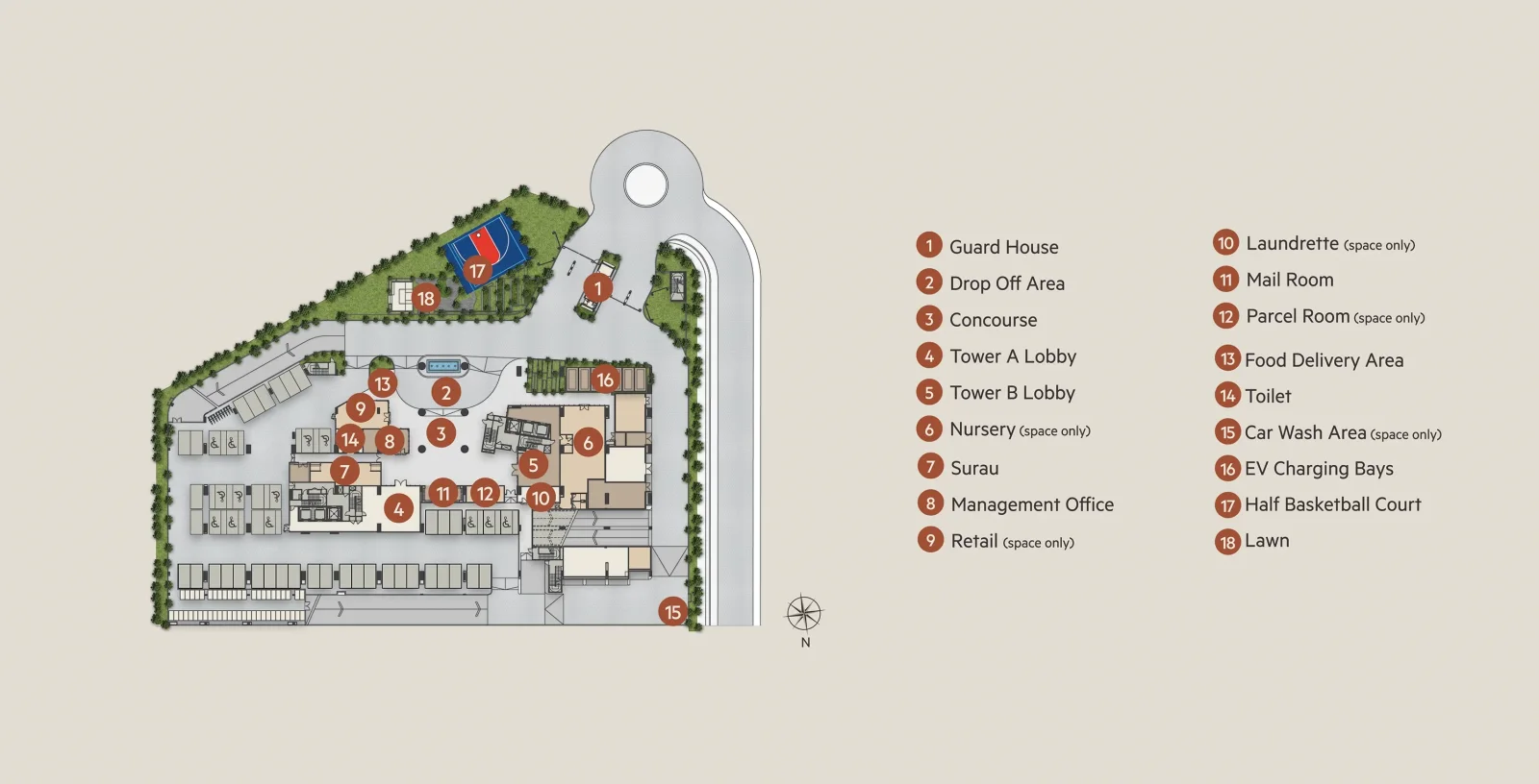 OAKA Residences Ground Floor facilities plan with legend — guard house, lobbies, nursery, retail, EV charging, half basketball court and more