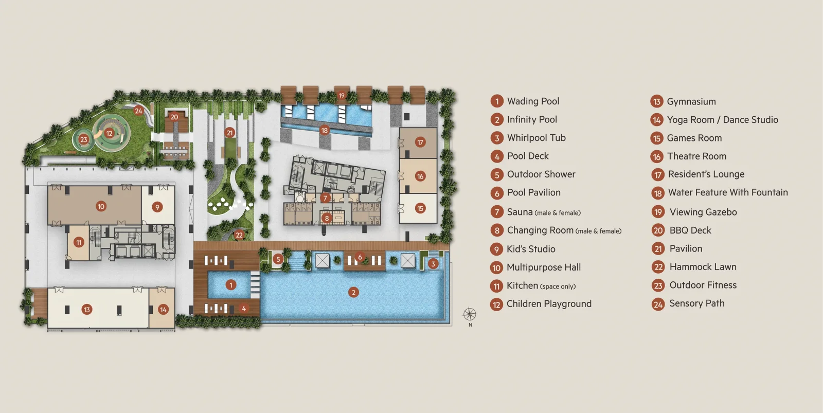 OAKA Residences Level 5 resort facilities deck plan with legend — infinity pool, gymnasium, yoga studio, theatre room, BBQ deck and more