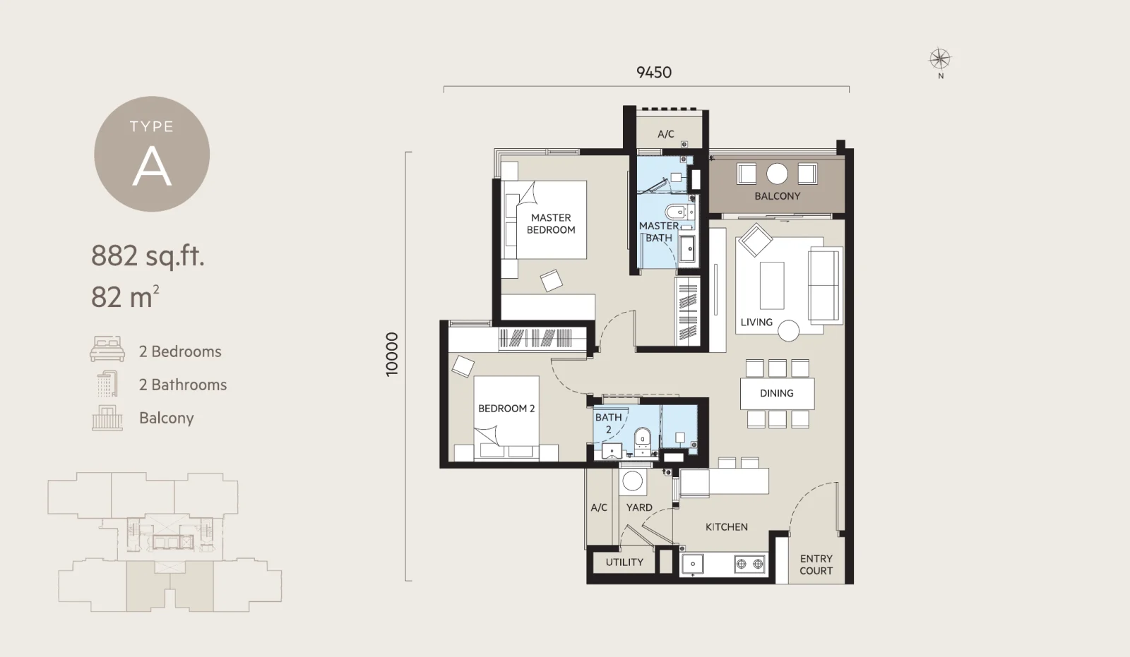 Type A floor plan — 882 sq.ft, 2 bedrooms, 2 bathrooms, balcony