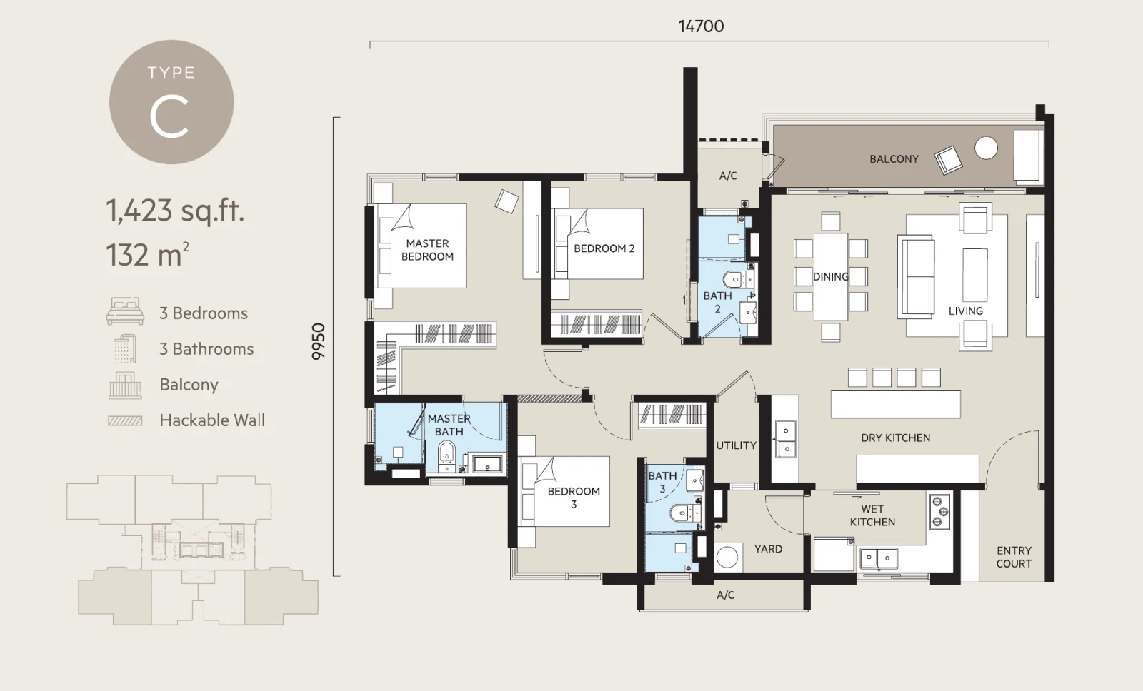 Type C floor plan — 1,423 sq.ft, 3 bedrooms, 3 bathrooms, balcony